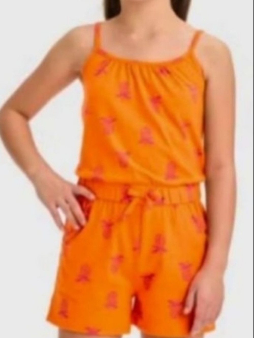 Girls' Orange Printed Tank Romper